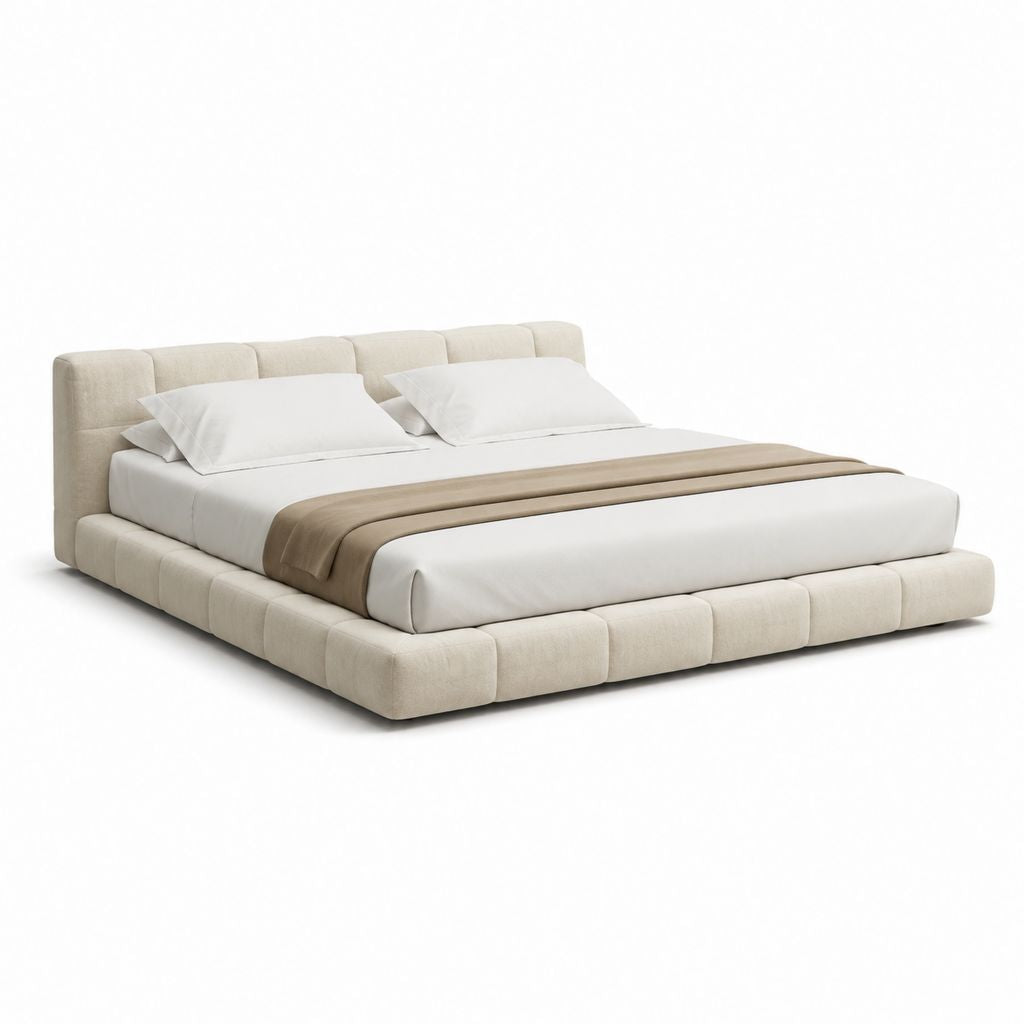 Lit double rectangulaire 160 x 200 cm beige en polyester avec cadre rembourré