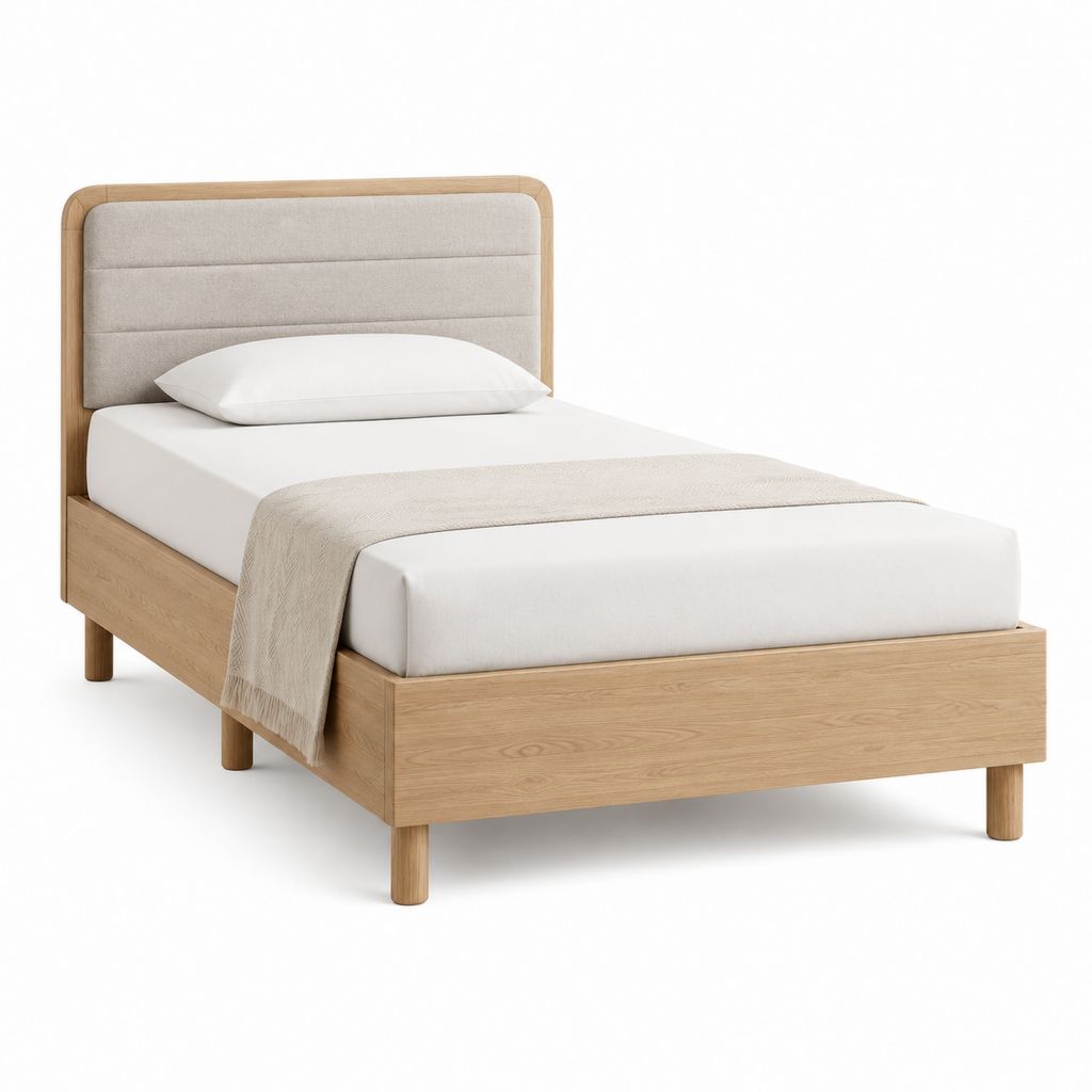 Lit simple 90 x 190 cm en chêne massif naturel avec tête de lit capitonnée en polyester beige