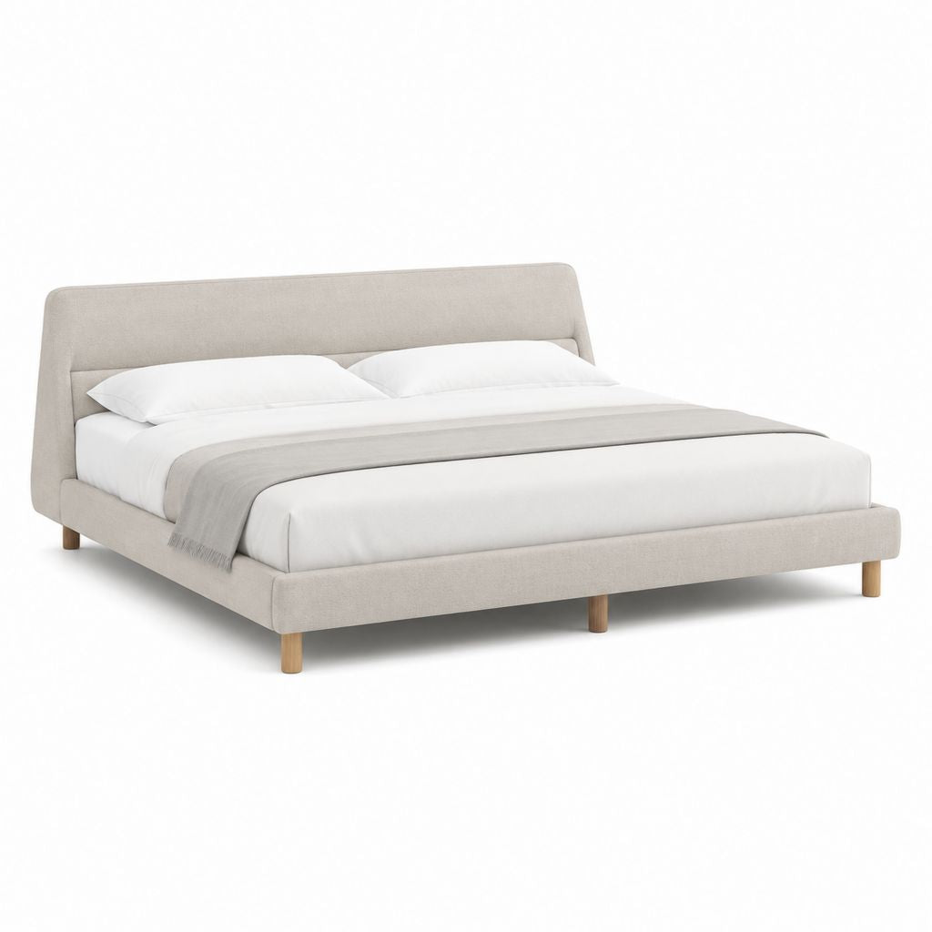 Lit double avec cadre beige en polyester et pieds en bois massif 160 x 200 cm