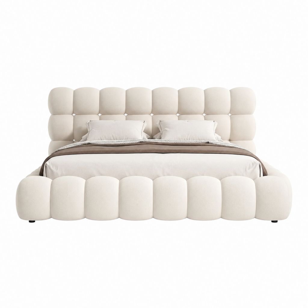 Lit coffre 160 x 200 cm beige en polyester avec tête de lit capitonnée