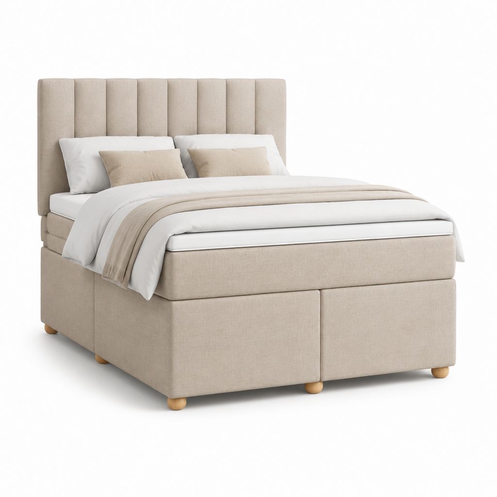 Lit coffre double beige en polyester avec tête de lit capitonnée 160 x 200 cm