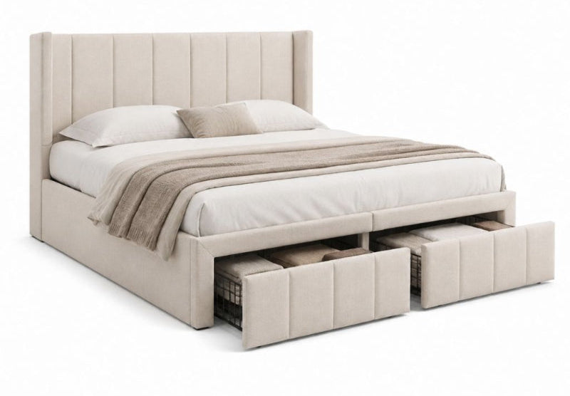 Lit coffre double rectangulaire beige en polyester 160 x 200 cm avec tête de lit capitonnée et 2 tiroirs