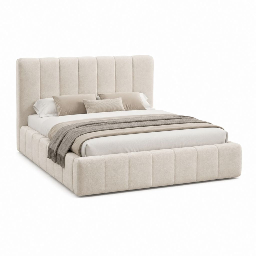 Lit double capitonné beige en polyester avec rangement 160 x 200 cm