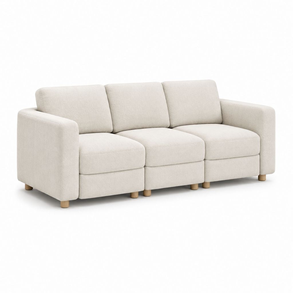 Canapé droit 3 places beige en polyester avec pieds en bois massif 220 x 90 x 85 cm