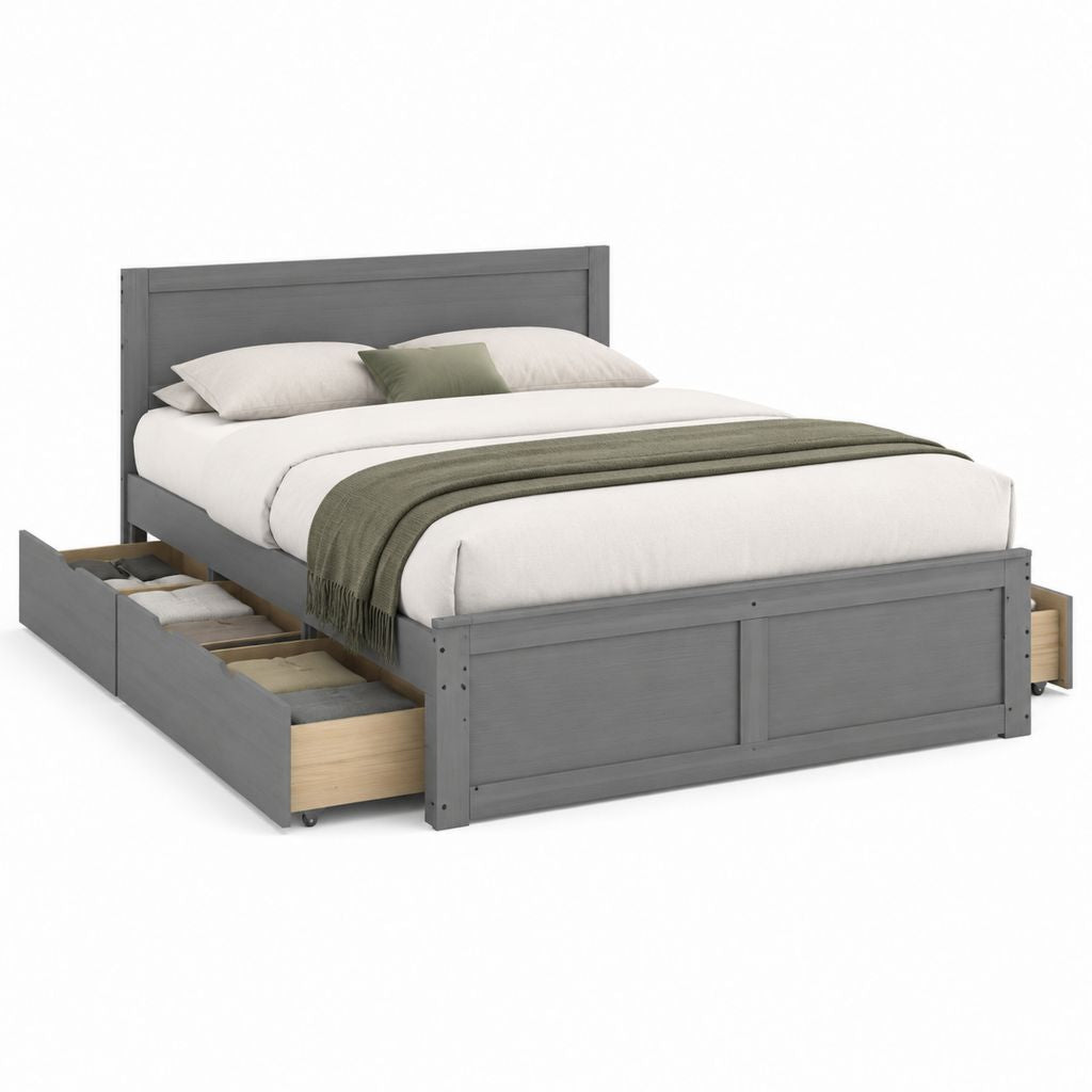 Lit double 160 x 200 cm gris en MDF et pin avec 3 tiroirs de rangement