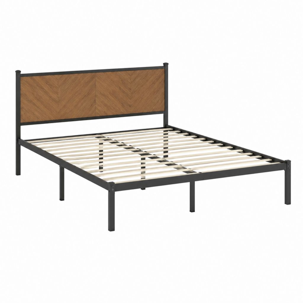 Cadre de lit double 140 x 190 cm noir et décor chêne avec sommier à lattes