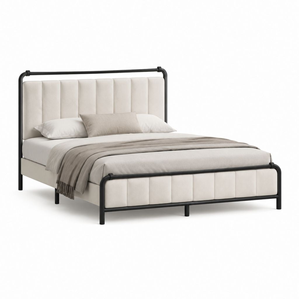 Lit double 160 x 200 cm beige et noir avec cadre en acier et tête de lit capitonnée