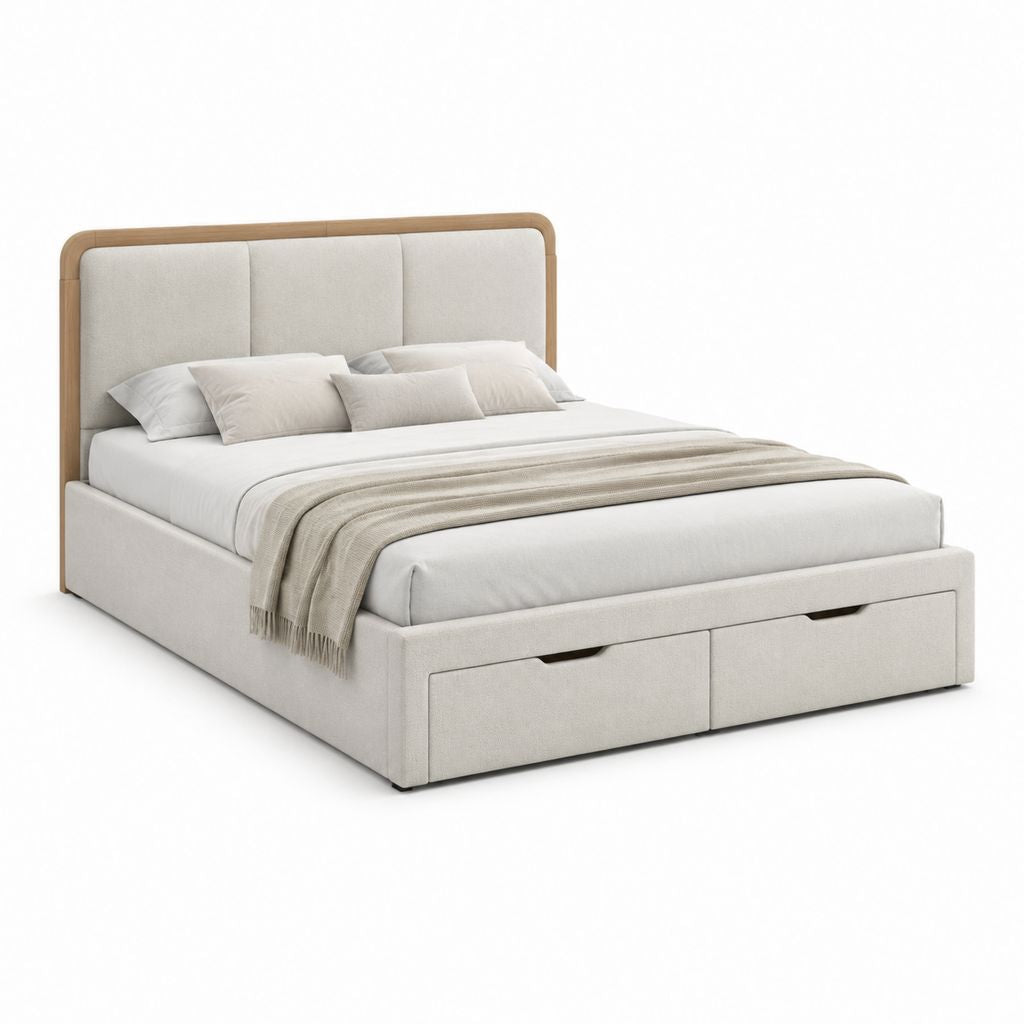 Lit avec rangement 160 x 200 cm beige en polyester avec tête de lit et 2 tiroirs