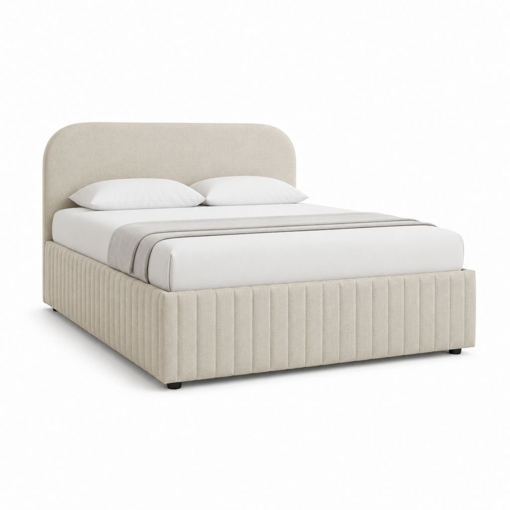 Lit double 160 x 200 cm beige avec cadre rembourré en polyester et tête de lit arrondie