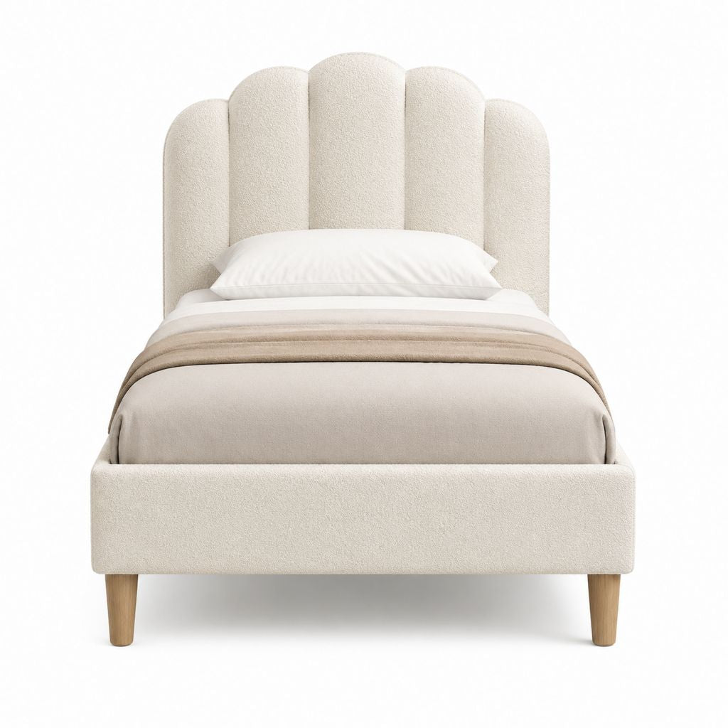 Lit simple capitonné beige en polyester bouclé 90 x 190 cm avec tête de lit arrondie