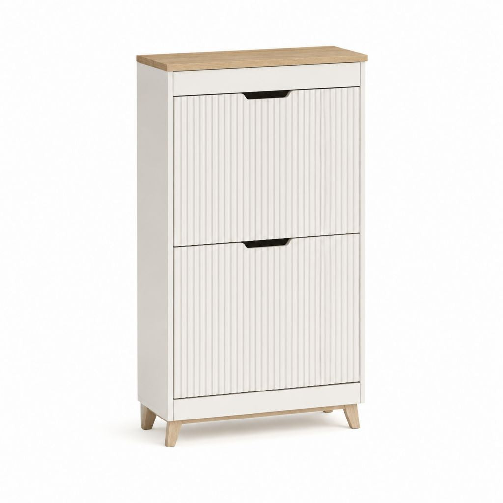 Meuble à chaussures blanc et chêne en panneaux de particules 63 x 24 x 120 cm avec 2 abattants