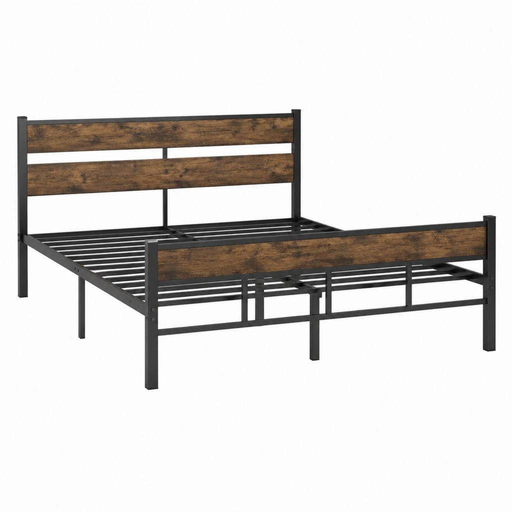 Cadre de lit double noir et marron en acier et panneaux MDF effet bois 140 x 190 cm