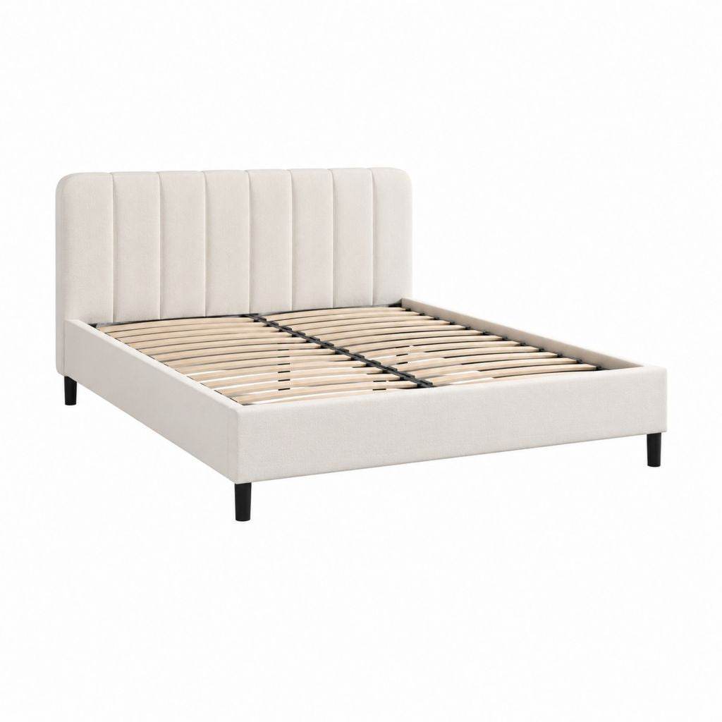 Lit double 160 x 200 cm beige en polyester avec sommier à lattes et tête de lit rembourrée