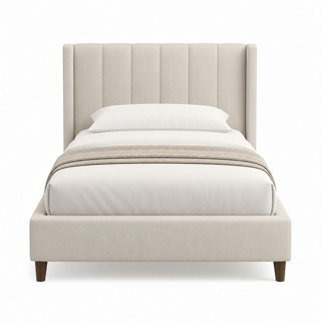 Lit double 160 x 200 cm beige en polyester avec tête de lit capitonnée verticale